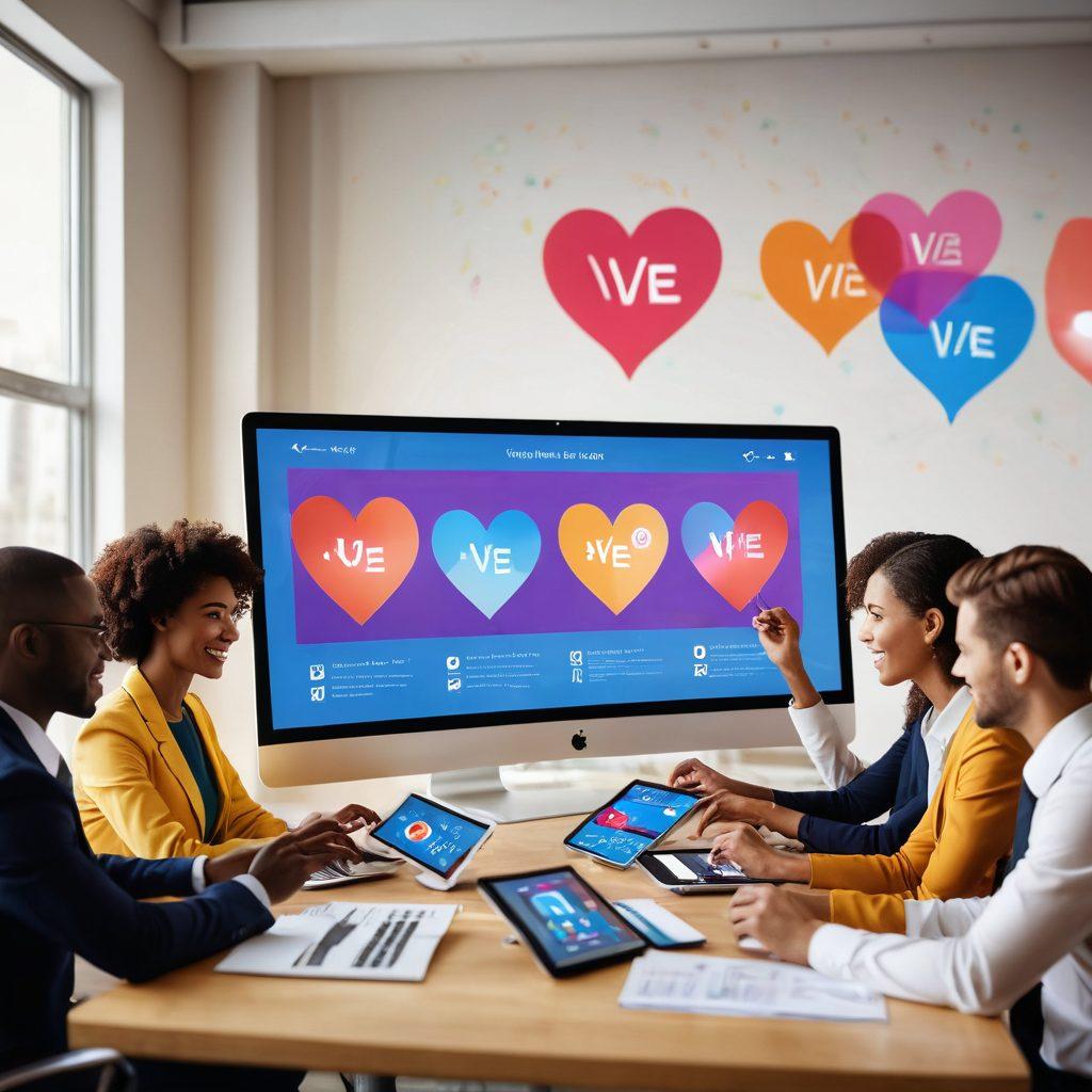 A diverse group of business professionals voting digitally on touchscreens in a modern office setting, with vibrant hearts symbolizing affection and unity surrounding them. Include elements like charts and graphs showcasing engagement metrics. Illustrate a sense of collaboration and community with warm colors and a dynamic composition. super-realistic. modern style. vibrant colors.