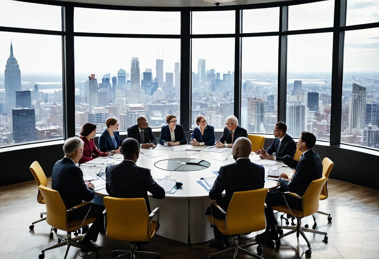 A diverse group of stakeholders engaged in a lively discussion around a large round table, incorporating elements of business and democracy, such as charts and voting ballots. The scene captures a sense of empowerment and collaboration, with vibrant expressions and dynamic body language. A city skyline can be seen through large windows in the background, representing growth and innovation. Infographics illustrating participatory democracy can be subtly integrated into the scene. super-realistic. vibrant colors.